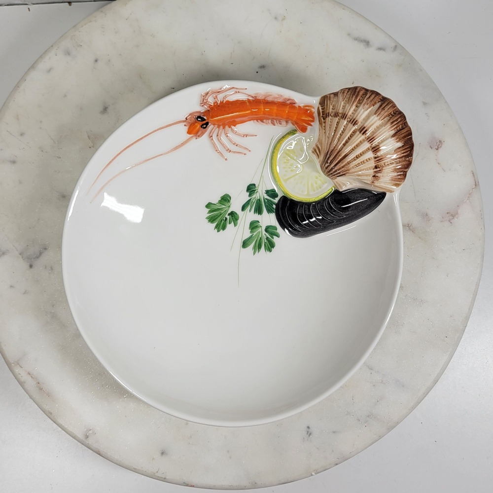 Sur La Table Seafood Relief 8" Bowl White 3D Serving Dish Italy Coastal Vintage
